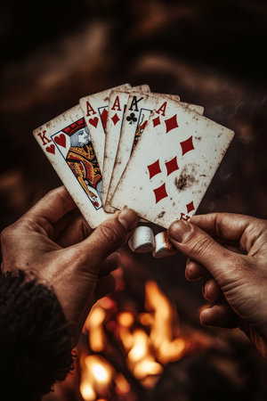 Close-Up Of Hands Holding Playing Cards Around Warm Bonfire At Night , Perfect For Social Gatheringsの素材
