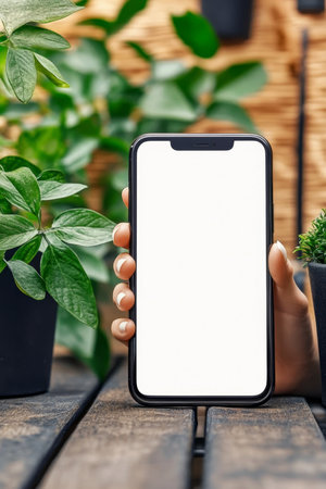 Woman s Hand Holds Smartphone with Blank White Screen Against a Backdrop of Lush Greeneryの素材