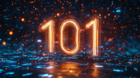 Glowing Neon Number One Hundred And One On Abstract Digital Background, 3D Illustrationの素材