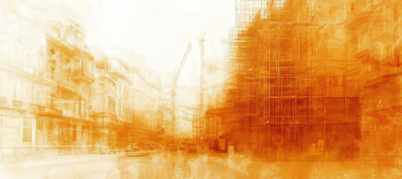 Urban Construction Landscape Scaffolding And Cranes Create Dynamic Patterns In Yellow Huesの素材