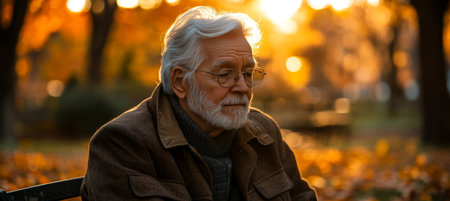 Contemplative Senior Man in Autumn Splendor Golden Light at Sunset Bathes Him While Pondering.の素材