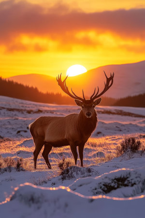 Majestic Red Deer Stag in Snowy Highland Landscape, Basking in the Warm Glow of Sunsetの素材