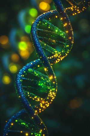Glowing 3D Rendered DNA Helix Structure with Bokeh Effect, Enigmatic Blue and Green Palette.の素材
