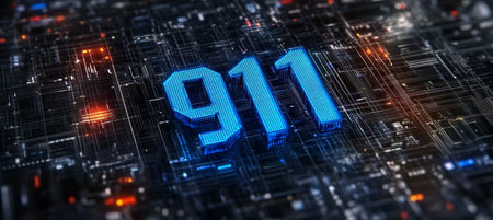Emergency Number 911 Shining on Futuristic Circuit Board, Digital Emergency Response Concept.の素材