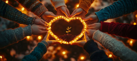 Circle Of Hands Holding Glowing Heart With Small Plant, Concept Of Love, Unity, And Environmentalismの素材