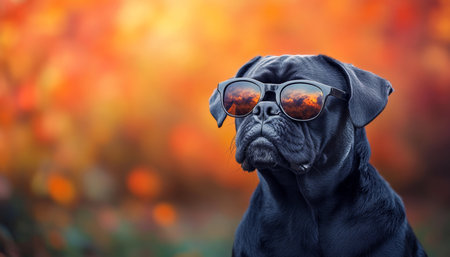 Canine Cool Portrait of Dog in Mirrored Aviator Sunglasses with Vibrant Bokeh Backgroundの素材