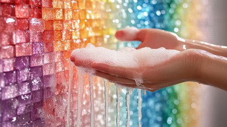 Sparkling Clean Hands Applying Cleaning Foam to Colorful Shower Tiles with Blurred Backgroundの素材