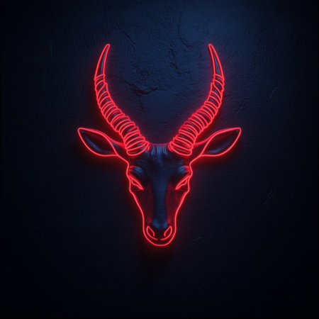 Neon Capricorn Head Glowing Zodiac Sign, Isolated on Black Background, Mystical Symbolの素材
