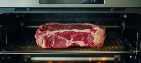 Close-Up of Juicy Steak Cooked to Perfection On a Wire Rack In a Modern Convection Ovenの素材