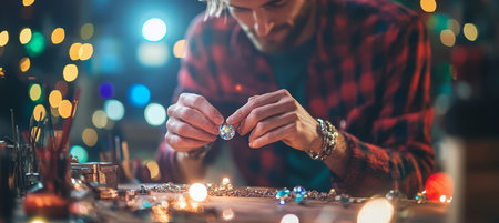Artisan s Touch Jeweler Crafting Glimmering Piece in Workshop, Surrounded by Gems and Toolsの素材