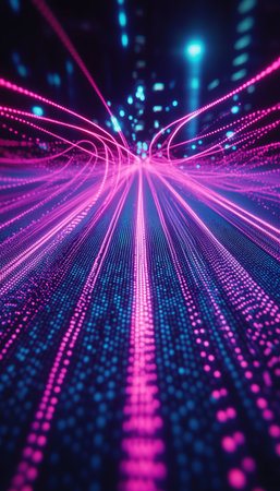 Abstract Futuristic Data Stream Vibrant Neon Lights and Rapid Digital Flow in Cyberspaceの素材