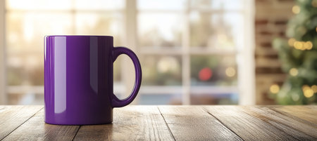 Cozy Winter Morning A Purple Coffee Mug Rests on a Rustic Wood Table, Christmas Tree in Backgroundの素材