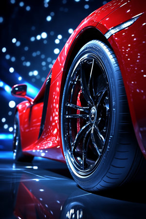 Red Sports Car Close-Up on Dark Background. Automotive Photography, Luxury Lifestyle, Speed.の素材