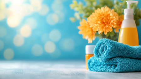 Cosmetic products, towels, and flowers on a blue bokeh background. Spa and wellness concept.の素材