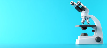 Modern Microscope on Blue Background for Scientific Research and Medical Use, 3D Render Illustrationの素材