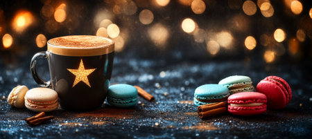 Sparkling Bokeh Holiday Scene Coffee Mug, Cinnamon Sticks, and Colorful Macarons on a Tableの素材