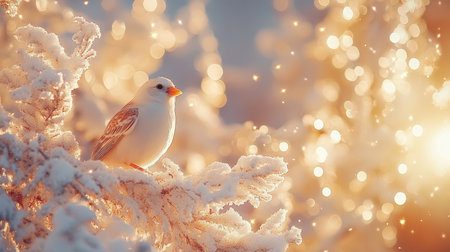 White Bird on a Snowy Pine Branch Winter Magic with Soft Focus, Bokeh, and Gentle Lightの素材