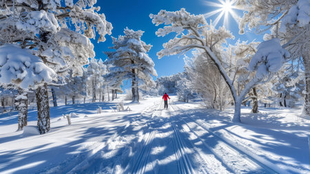 Lone Skier Enjoys Sunny Winter Day on a Scenic Cross Country Trail Through a Snow Covered Forestの素材