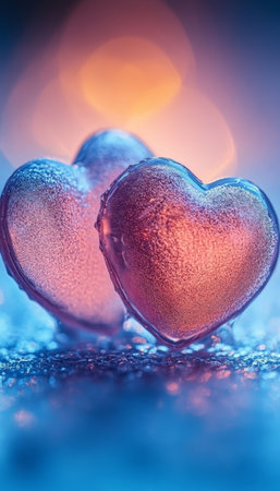 Two Sparkling Hearts On Reflective Surface With Sunset Background, Love and Romantic Conceptの素材