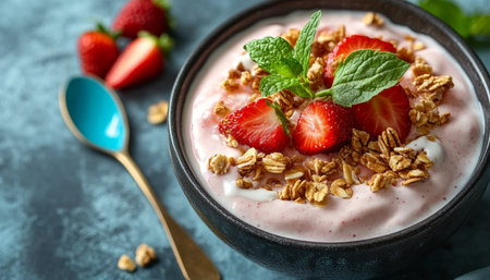 Delicious Strawberry Smoothie Bowl with Fresh Berries, Granola, and Mint, Healthy Breakfast Conceptの素材