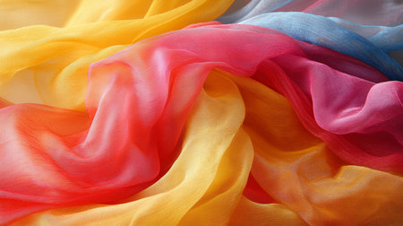 Flowing Abstract Textures Vibrant Hues in Fabric Design for Fashion and Apparel Background.の素材