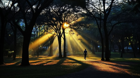 Silhouette of Person Walking Through Sunlit Forest, Embracing Hope, New Day, New Beginningsの素材