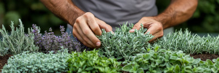 Close-Up, Gardener Harvesting Fresh Herbs From Garden, Concept For Homegrown, Organic Food.の素材