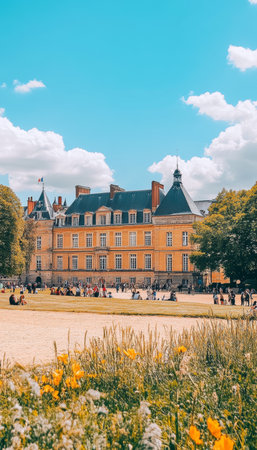 Picturesque View Of Historic Chateau, With Lush Gardens And Blue Sky, On Sunny Summer Day. Tourismの素材