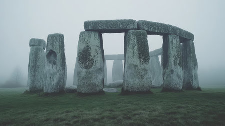 Mysterious Stonehenge on a Foggy Day, Wiltshire, England A Prehistoric Wonder of the Worldの素材