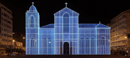 Metropolitan Cathedral of Brasilia at Night, Illuminated with a Blue Outline, Brasilia, Brazilの素材