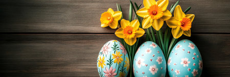 Three Blue Easter Eggs with Floral Designs and Yellow Daffodils Blooming on a Rustic Wood Backgroundの素材