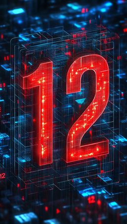 Glowing Digital 3D Number 12 on an Abstract Background, Suggesting a Futuristic Technological Themeの素材