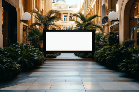 Elegant Shopping Arcade with Blank Billboard, Palm Trees, and Sunlight, Advertising Spaceの素材