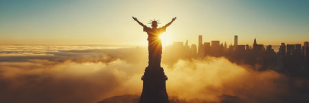Sunrise Over Foggy New York City Skyline With Silhouette Of The Statue Of Liberty, USAの素材