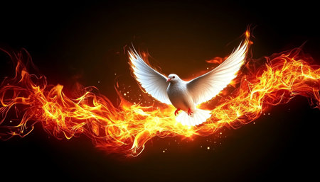 White Dove Soaring Through Flames Symbol of Hope, Peace, and the Holy Spirit on Dark Backgroundの素材