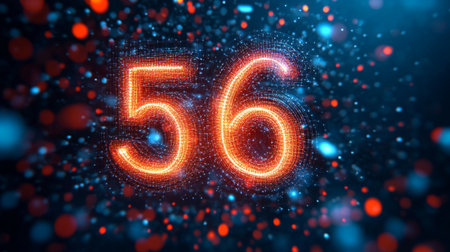 Glowing Digital Single Big 3D Number 56 in Futuristic Style on Digital Abstract Cyber Backgroundの素材