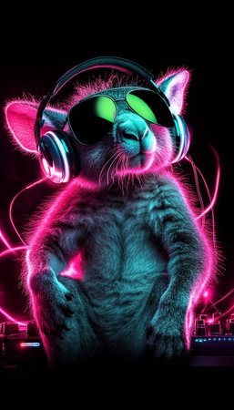 Neon Party Animal Cool Cat DJ Rocking Out with Headphones and Shades, Isolated on Blackの素材
