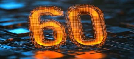 Futuristic glowing 3d number  60  on an abstract digital background for modern design elementsの素材