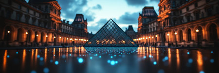 The Louvre Museum in Paris At Night, Featuring The Glass Pyramid With Futuristic Digital Network.の素材