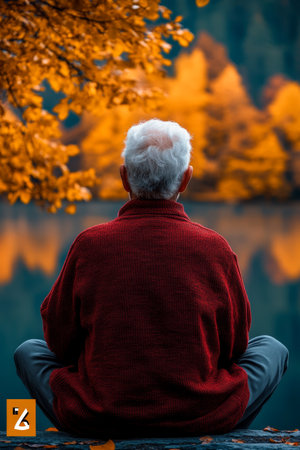 Serene Senior Man Finds Peace by the Autumn Lake, Contemplative Moment in Nature s Embraceの素材