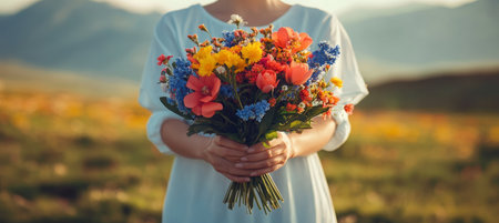 Woman Holding a Vibrant Bouquet of Wildflowers in Full Bloom Against a Sunny Landscapeの素材