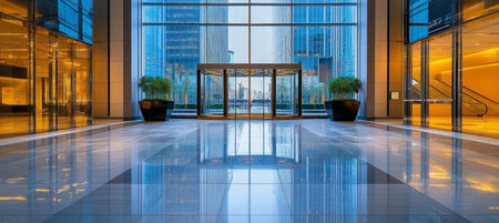 Modern Office Building Interior With Glass Walls, Revolving Doors, And Reflective Floorsの素材