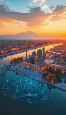 Digital Network Over Naqsh-e Jahan Square, Isfahan, Iran. Smart City And Technology Conceptの素材