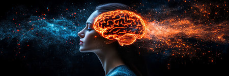 Woman with Glowing Digital Brain, Conceptual Image of Human Consciousness and Thoughtの素材