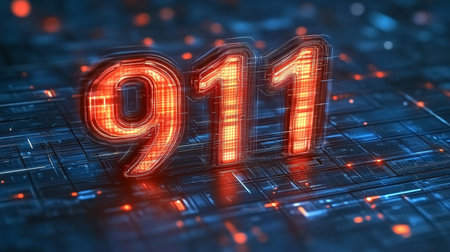 3D Number 911 on Futuristic Circuit Board, Emergency, Technology, and Communication Conceptの素材