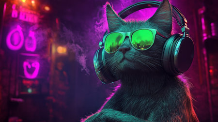 Urban Cool Cat Listening Music Neon-Lit Portrait with Headphones and Shades, Retro Party Vibes.の素材