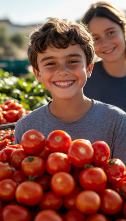 Boy Holds Basket Overflowing with Ripe Red Tomatoes at Farmers Market, Healthy Eatingの素材