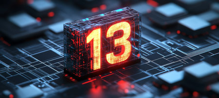 Glowing 3D Number 13 on Futuristic Digital Technology Background Exploring Superstition in Techの素材