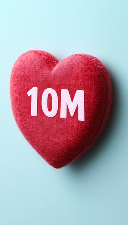 Red Velvet Heart With 10 Million Text, Symbolizing Online Success On Pastel Backgroundの素材