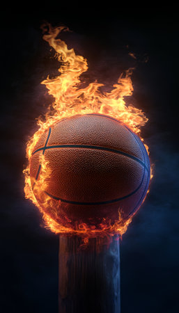Fiery Basketball Dramatic Close-Up of a Basketball Engulfed in Flames Against a Dark Backgroundの素材